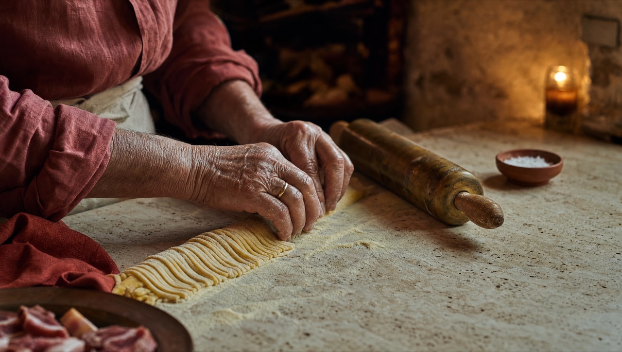 A nonna's hands rolling fresh tonnarelli on a flour-dusted travertine counter
