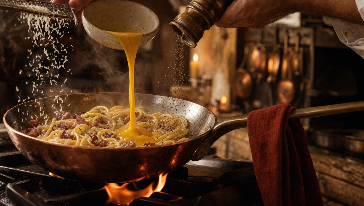 Carbonara assembly in a copper pan over open flame — egg yolks streaming, pepper cracking