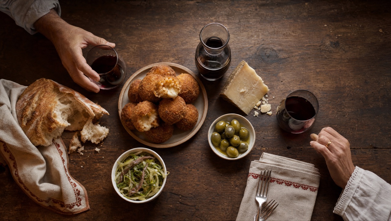 A Roman table set for sharing — suppli, pecorino, olives, wine, two pairs of hands