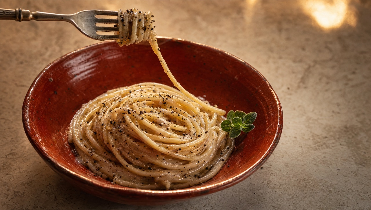 Cacio e pepe in a brick-red ceramic bowl — fork lifted with pasta strand pulling