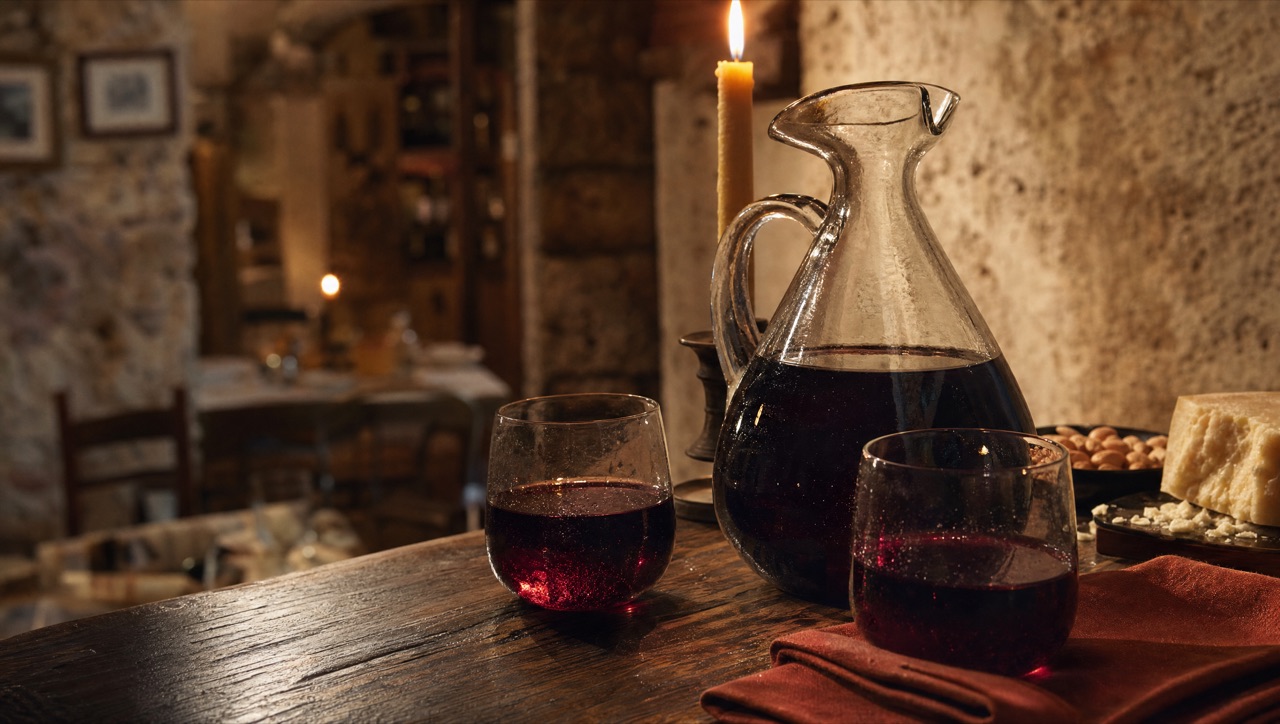 Carafe of Roman red wine + two stemless glasses + candle in a stone-walled cellar