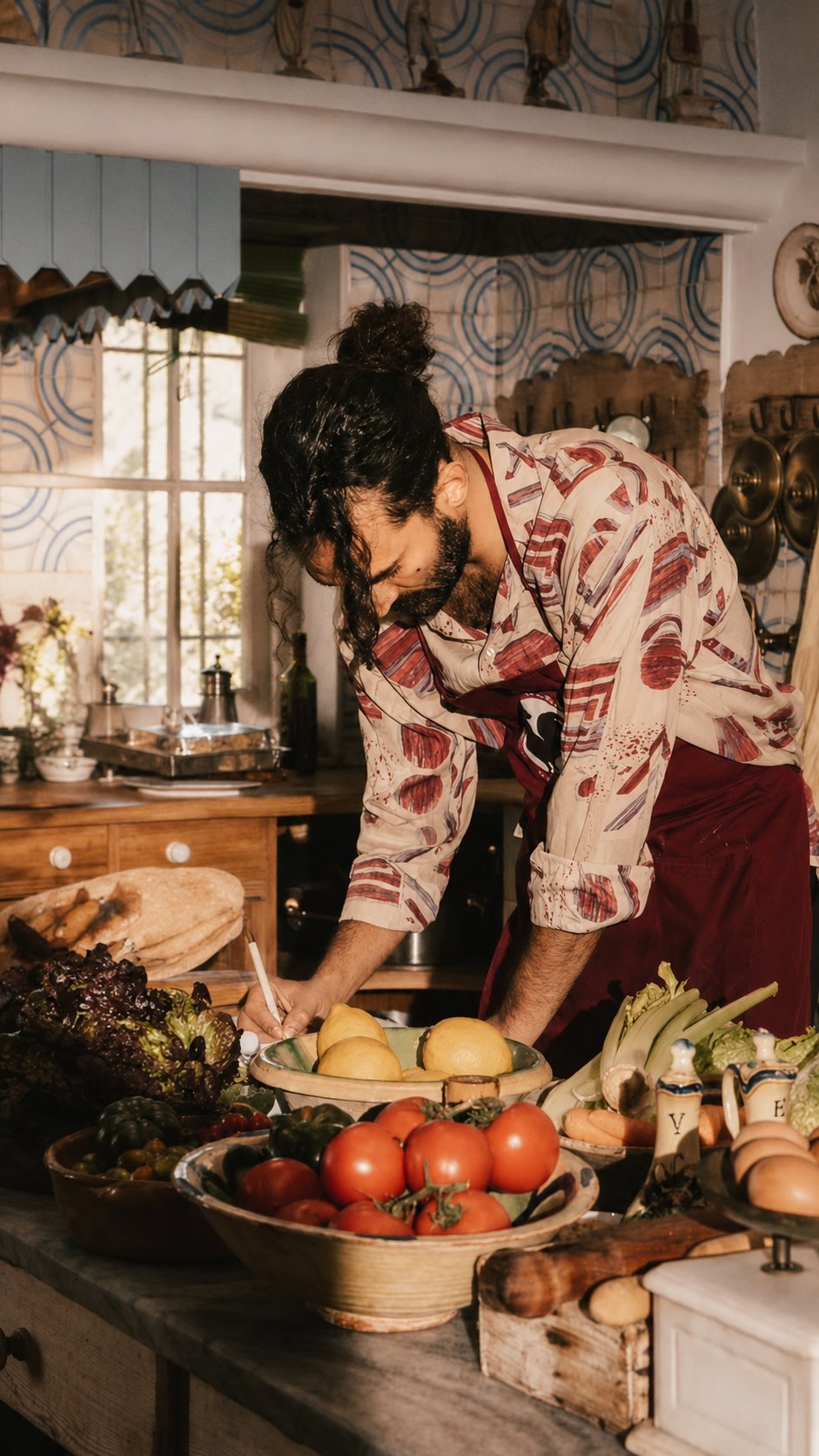 The cook leaning over a counter laden with fresh tomatoes, lemons, greens and bread, choosing the day's ingredients
