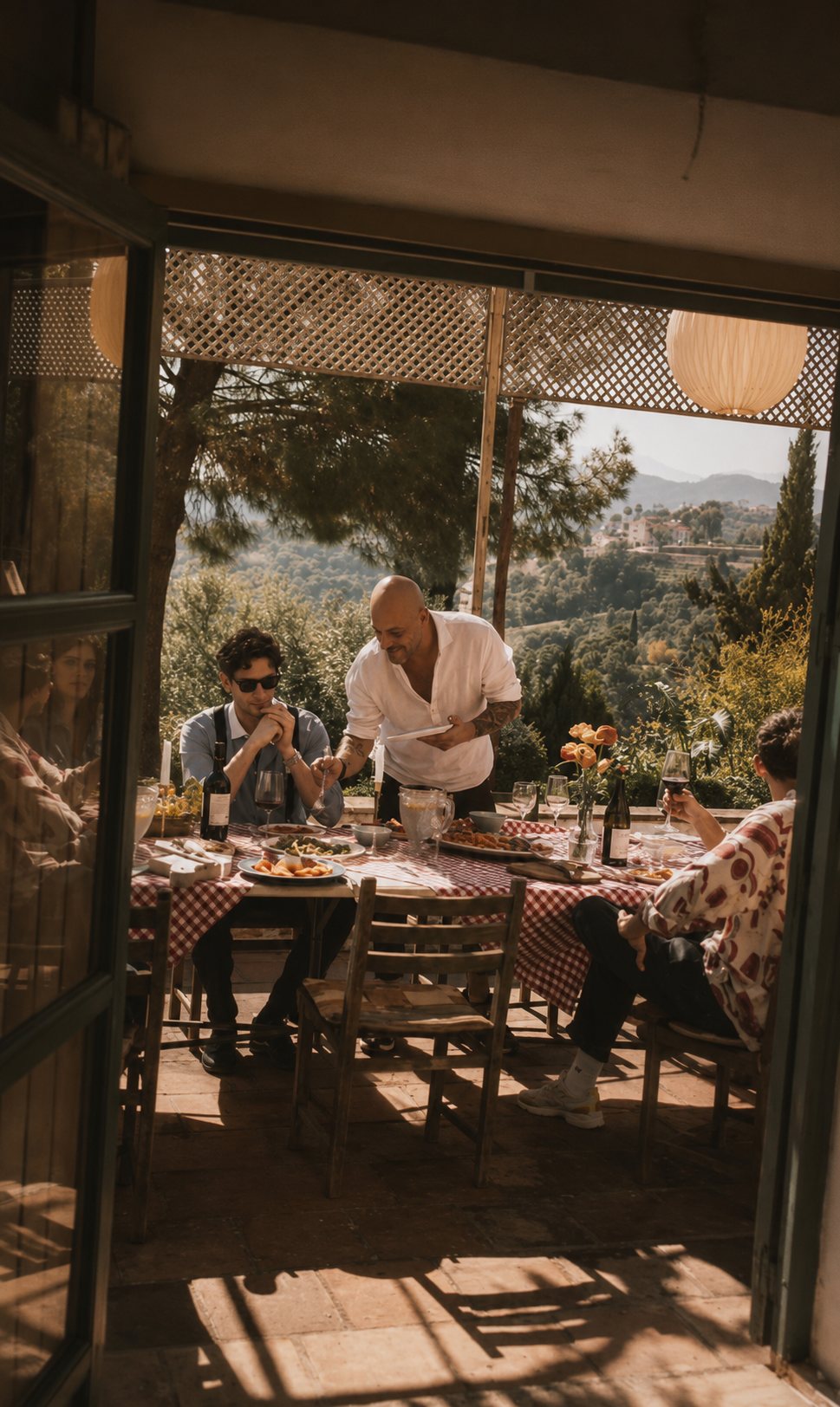 Friends gathered around a checkered-cloth table on a sunlit terrace overlooking the hills, wine poured, dishes shared