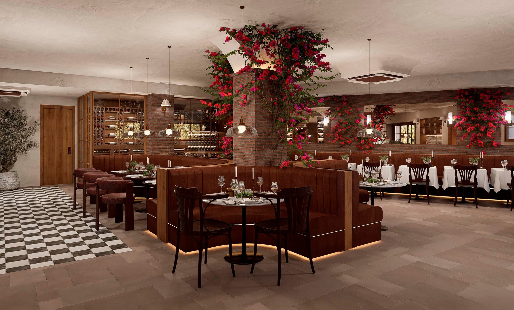 The Nonna's dining room — oxblood leather booths, checkered marble floor, bougainvillea spilling from a central column, wine wall behind